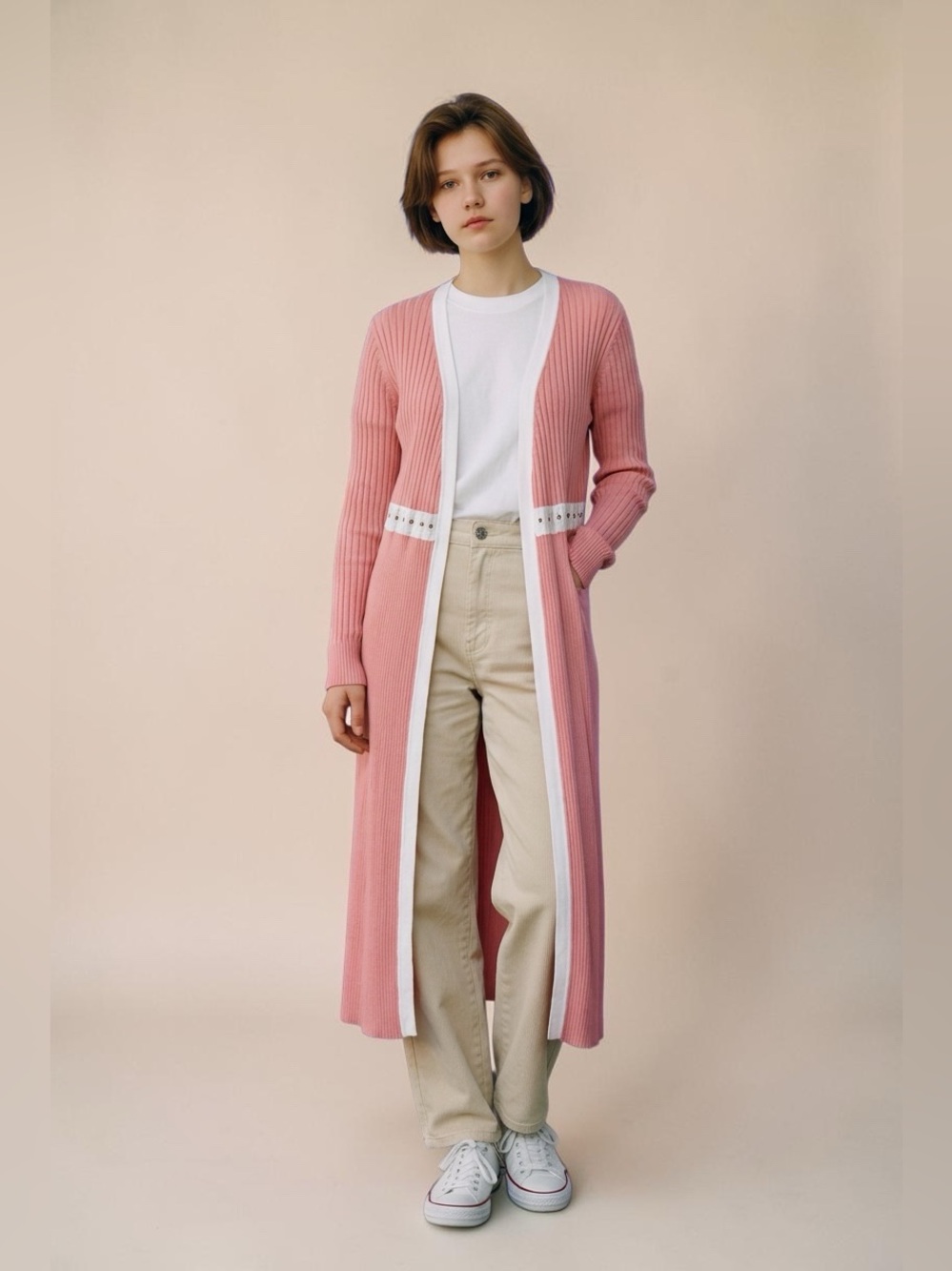 Venus NEW Pink & Cream Open Front Sweater Duster SzM